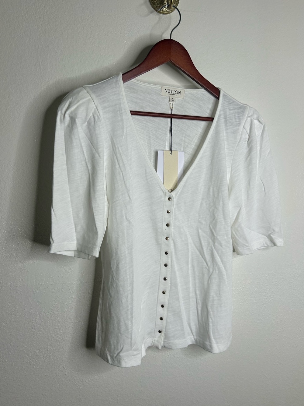 NWT Nation LA 100% Cotton Jen Gold Button Down Puff Sleeve Top in White